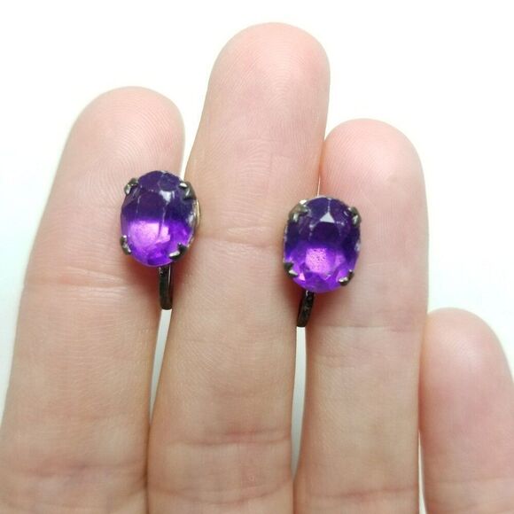Vintage Sterling Silver Purple Oval Rhinestone Clip On Screw Back Earrings Prong - Picture 7 of 7